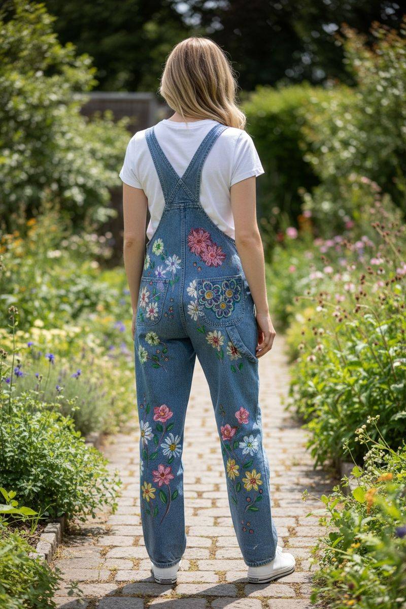 Painted denim overalls