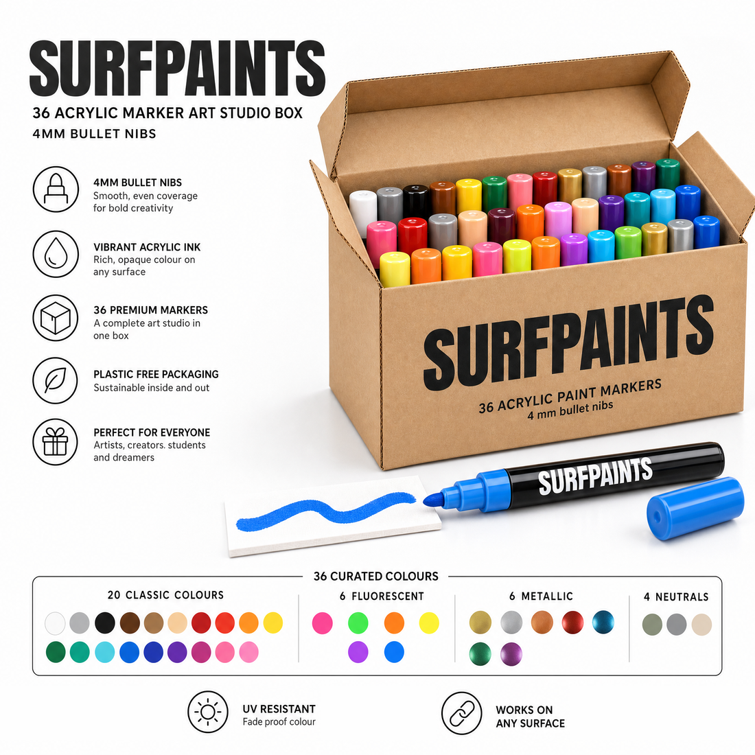 Surfpaints 36 acrylic paint markers with 4mm bullet nibs in kraft studio box, with colour chart