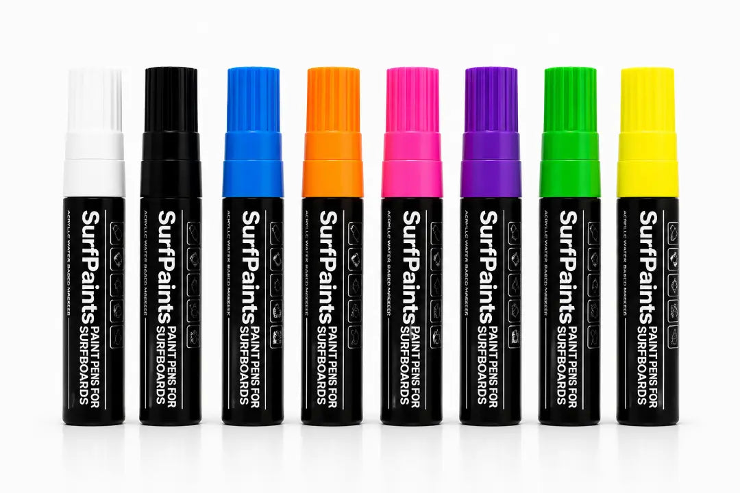 Set of eight colorful markers with 'SurfPaints' branding on a white background