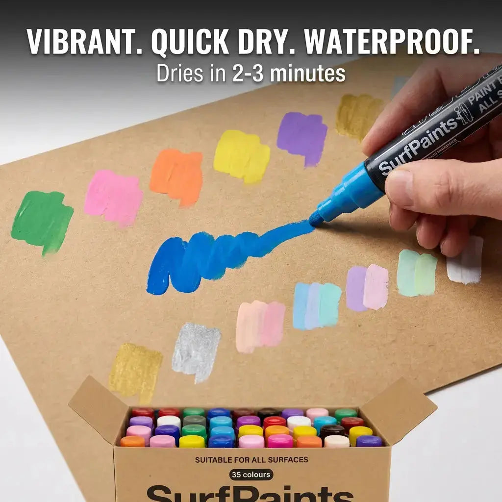 Surfpaints 35 acrylic paint pen box open showing rows of colored pens