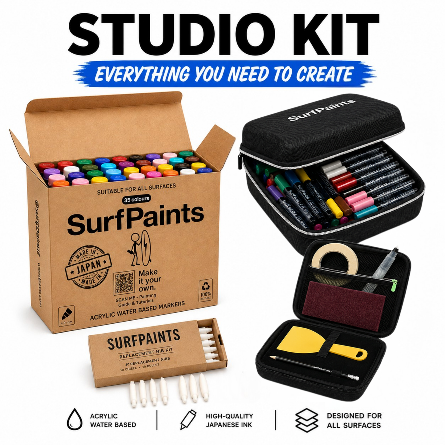 Surfpaints Complete Art Studio Kit. Full Acrylic Marker Range with Weatherproof Formula for All Surfaces