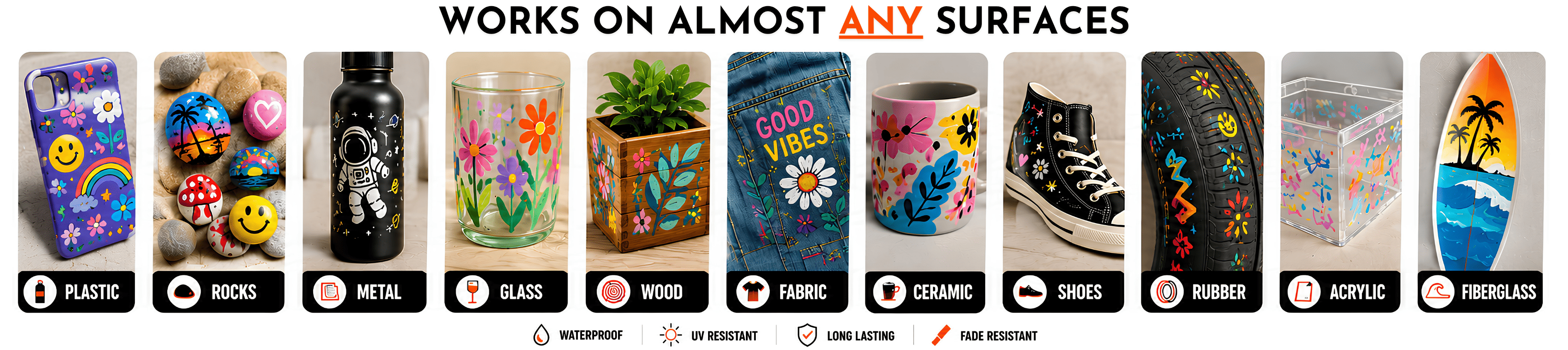 Various products with colorful designs on a white background, indicating versatility on different surfaces.