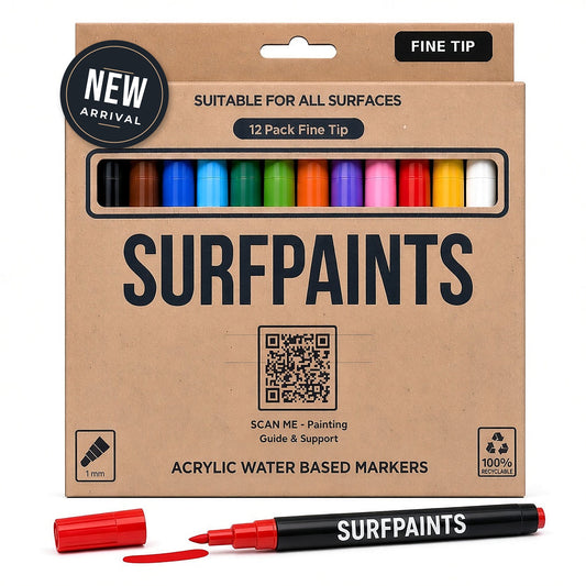 Surfpaints 1mm fine tip acrylic paint pens 12 pack in a kraft window box, 12 colours, new arrival