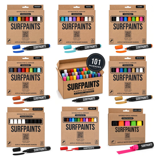 Surfpaints full range bundle, 101 acrylic paint markers: 36 colours box, six 4mm 8-packs, 1mm Fine Tip 12-pack and Fluro 15mm jumbo 5-pack