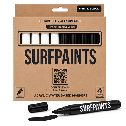 Surfpaints Black & White 8-Pack 4mm Japanese Acrylic Paint Markers for All Surfaces